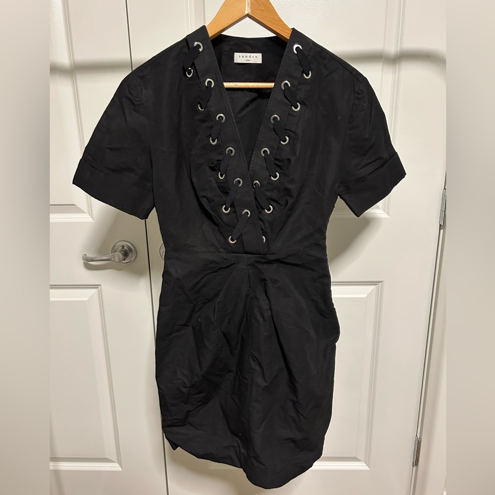 SANDRO Paris Clara Lace-Up V-Neck Mini Dress in Black